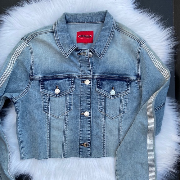 New GUESS Masha Rhinestone Denim Jacket Light Wash - Picture 1 of 9